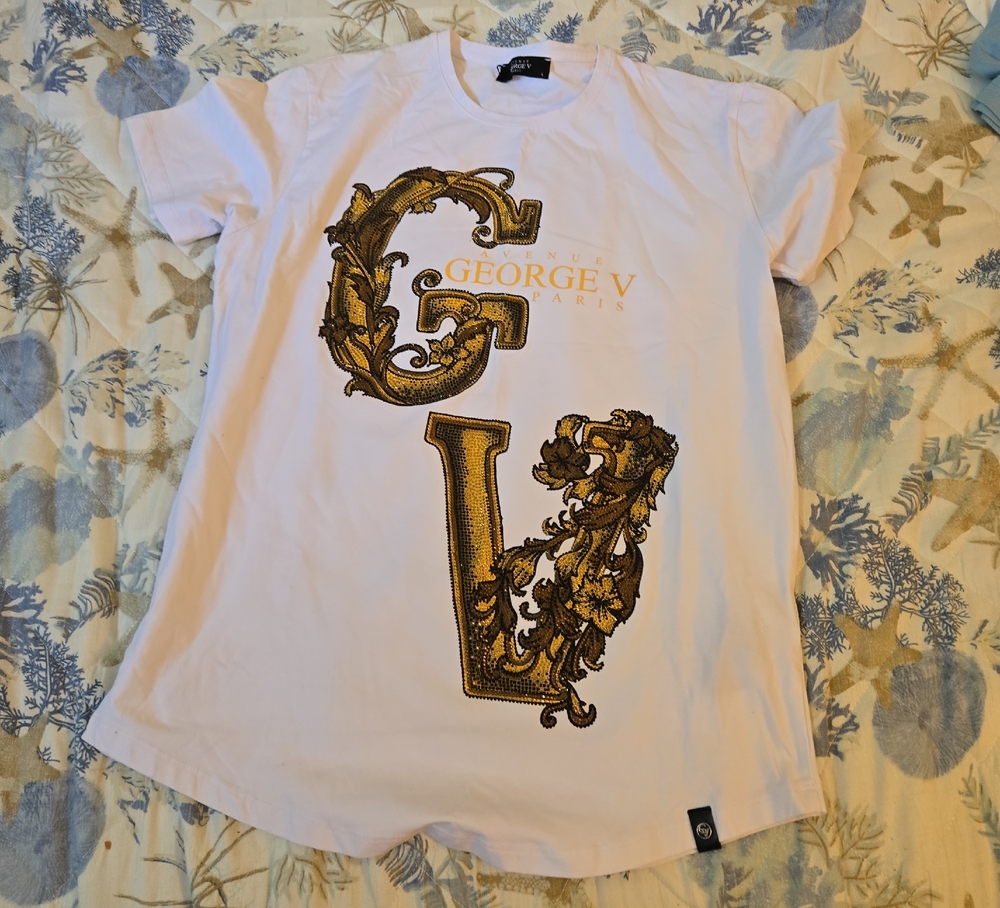 George Mens Tee in White with GoldBeaded Lettering